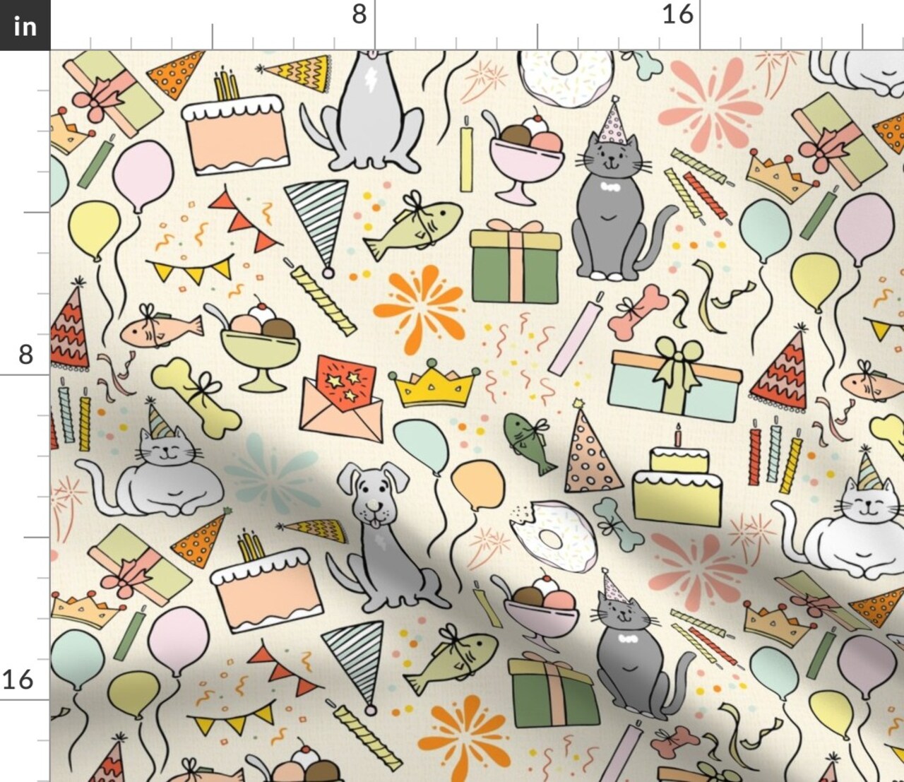 Dog Cat Multicolor Presents Whimsical Celebration Playful Balloons Pastels Candles Birthday Cake Bright Summer Colors Gift Large Scale Custom Printed Fabric by Spoonflower Various Fabrics by the Yard or Fat Quarter